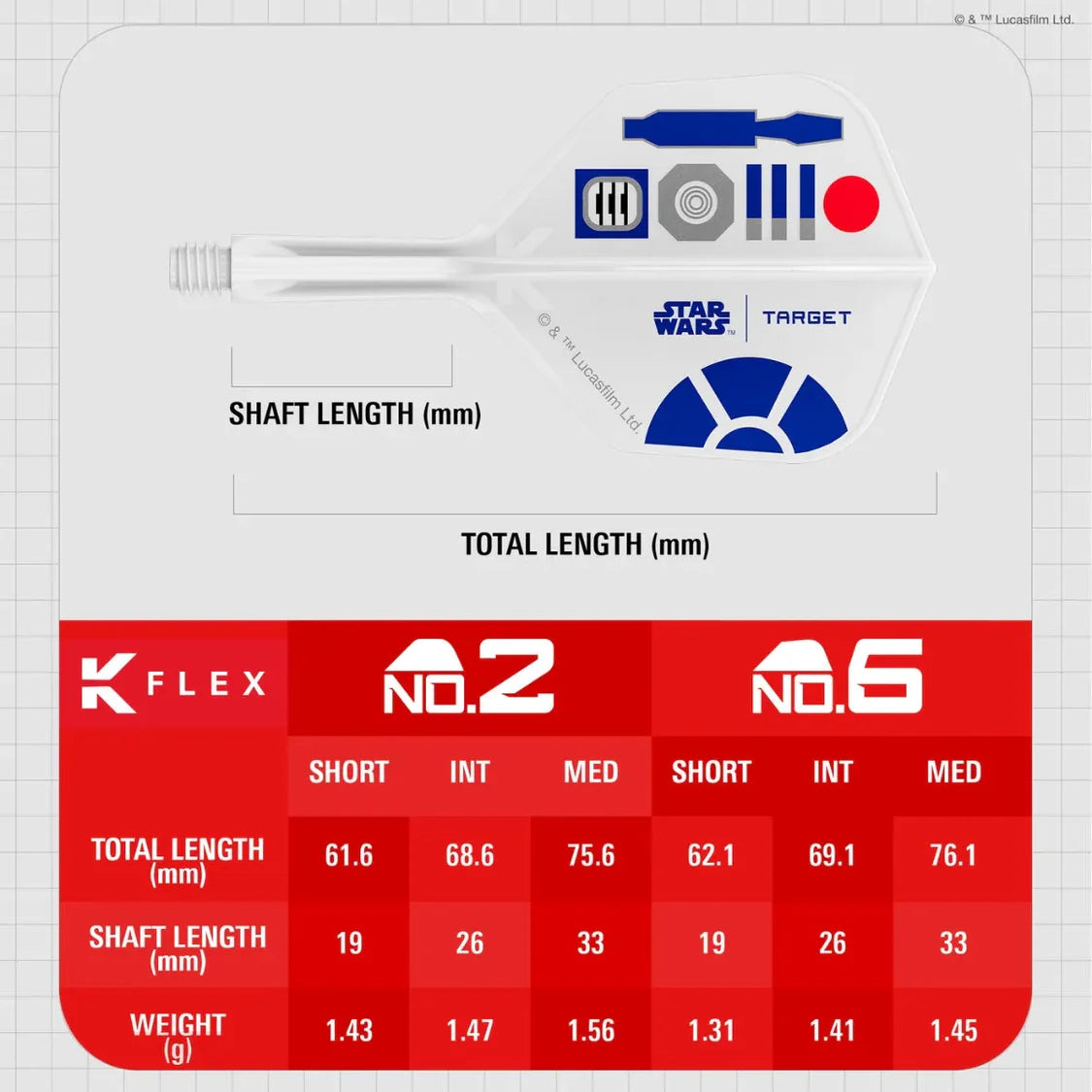 Top-down view of R2-D2 dart shaft and flight with size chart, showing No.6 K-Flex shaft length and total length in millimeters.