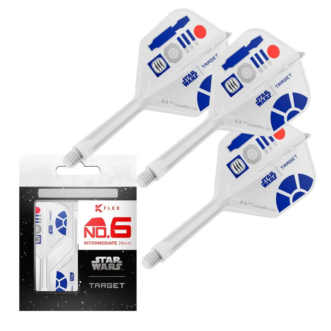 Star Wars R2-D2 No.6 K-Flex dart flights and shafts, angled display with retail packaging, integrates intermediate length connectors