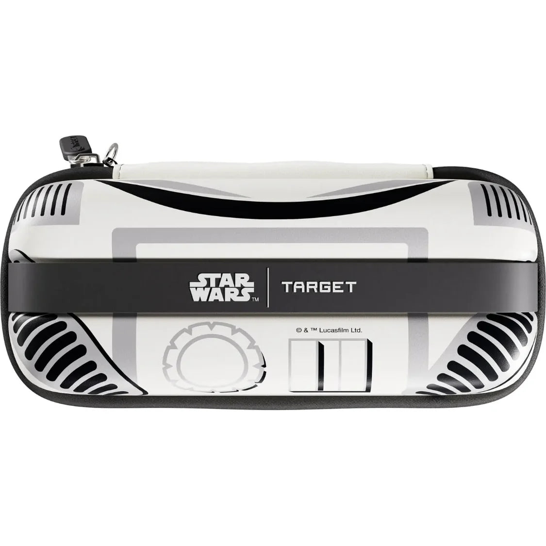 Stormtrooper BOA darts case full front view, zipper closed, Star Wars graphics, isolated on white, ideal for storing dart accessories