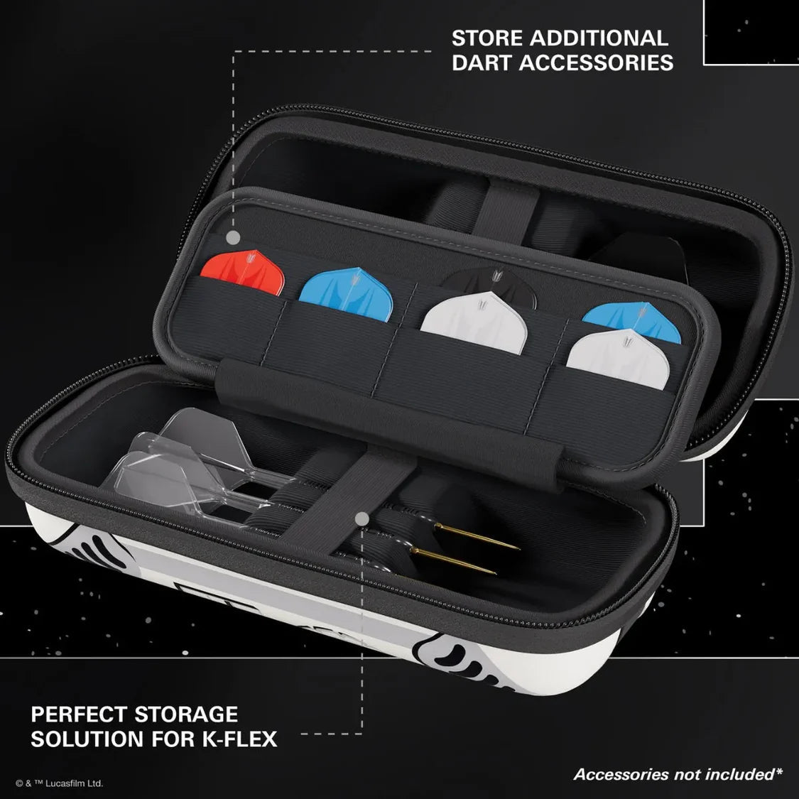 Angled view of open Stormtrooper BOA darts case displaying organized dart storage, flight slots, and accessory compartments on black background