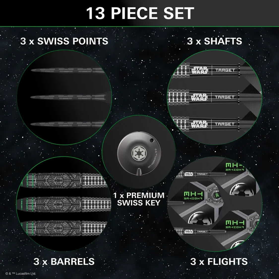 Star Wars TIE Fighter darts 13 piece set with close-up views of Swiss points, engraved barrels, shafts, flights, and Swiss key on dark background