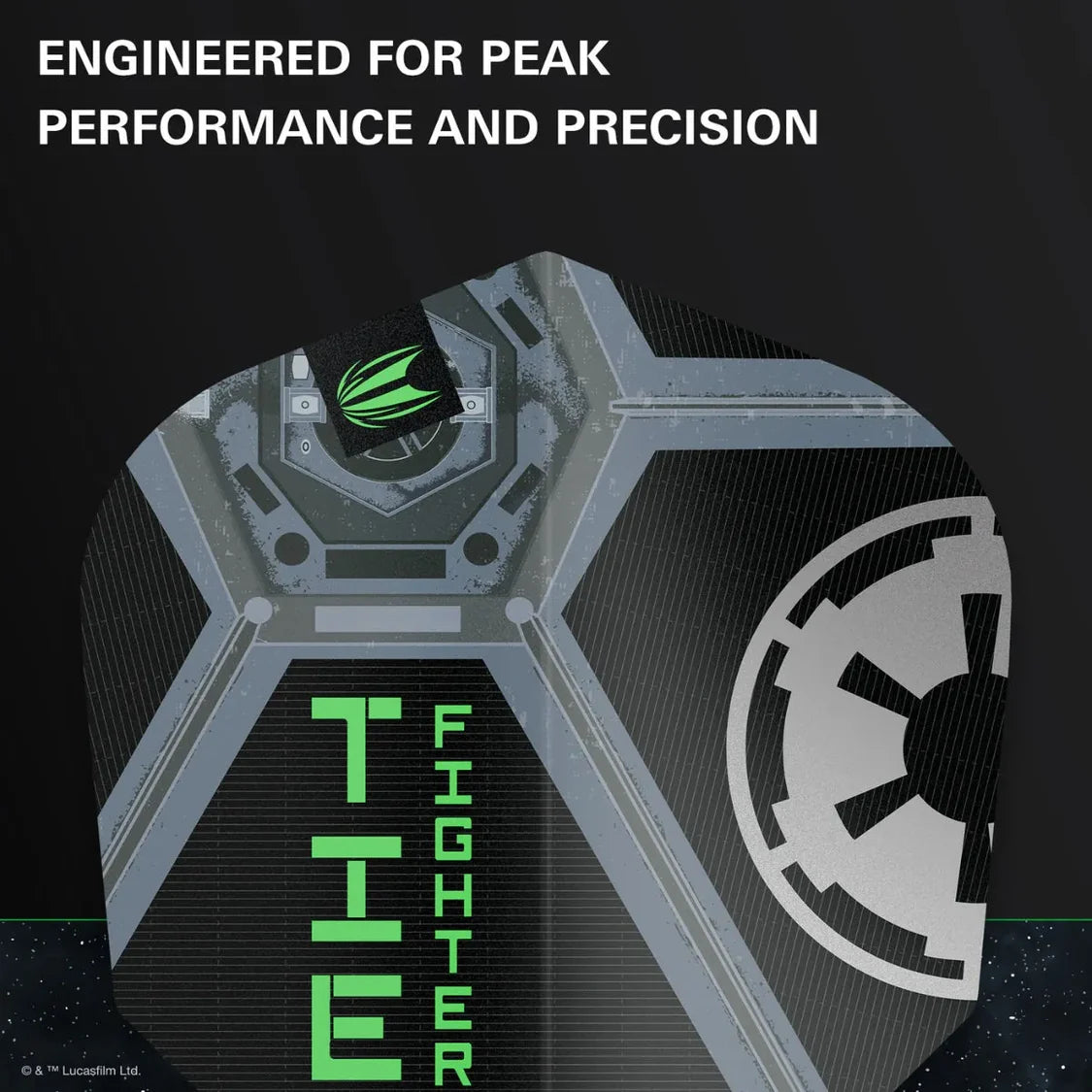 Close-up of Star Wars TIE Fighter dart flight, showcasing detailed graphics, textured finish, and bold Empire logo for dart players