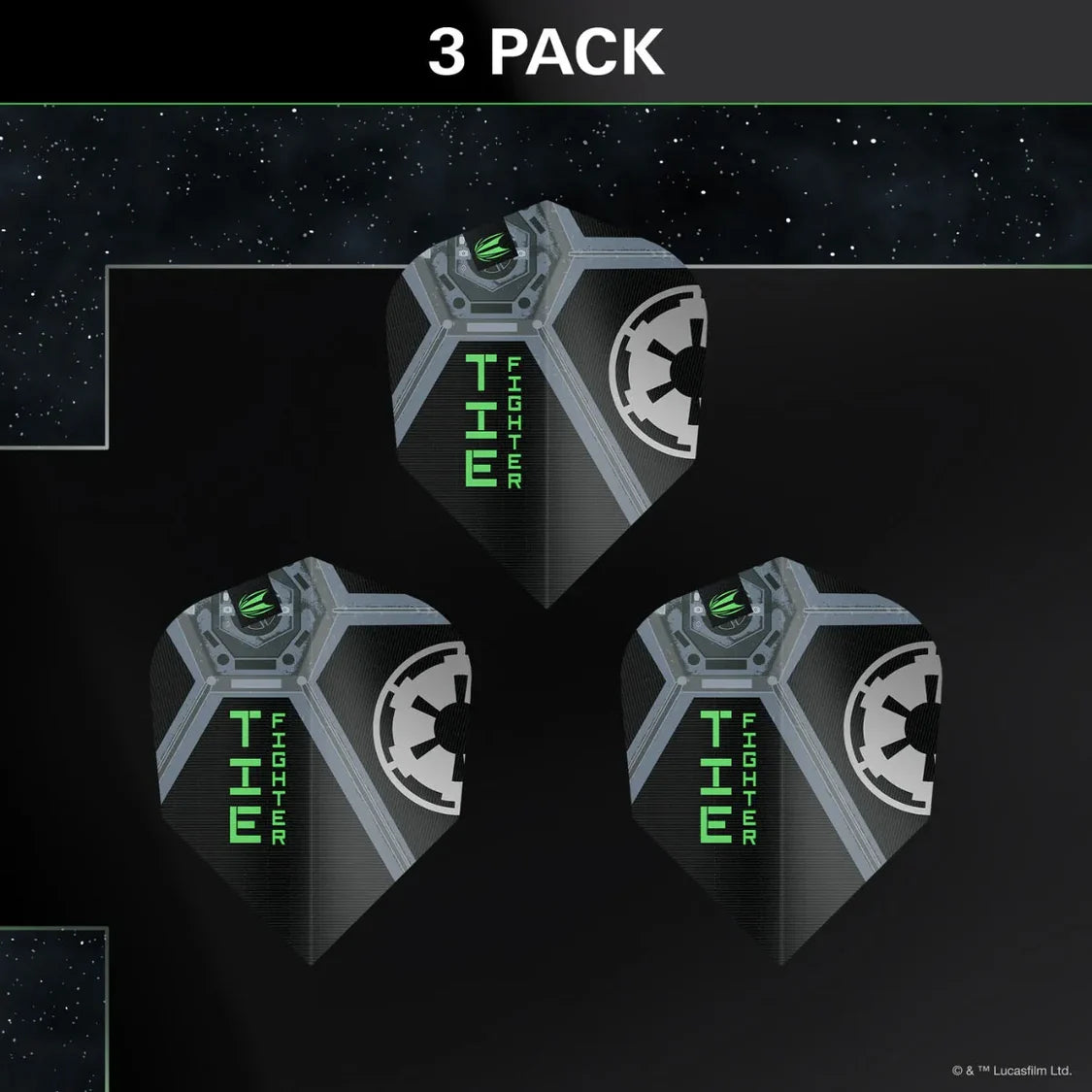 Three TIE Fighter Pro Ultra No.6 dart flights arranged on black, angled view showing Star Wars detailing and durable flight material.