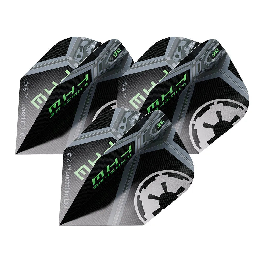 Set of three TIE Fighter No.6 dart flights angled to show Star Wars graphics and textured flight detail on white background