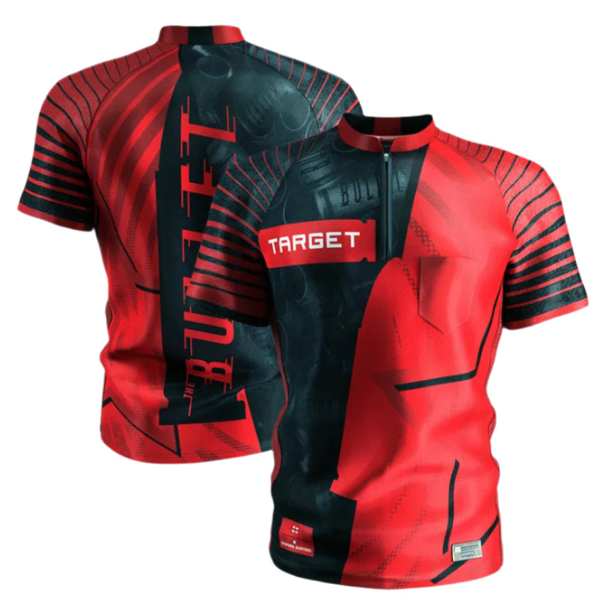 Stephen Bunting 2025 darts shirt front and back view, red and black design, breathable sports polyester, isolated background