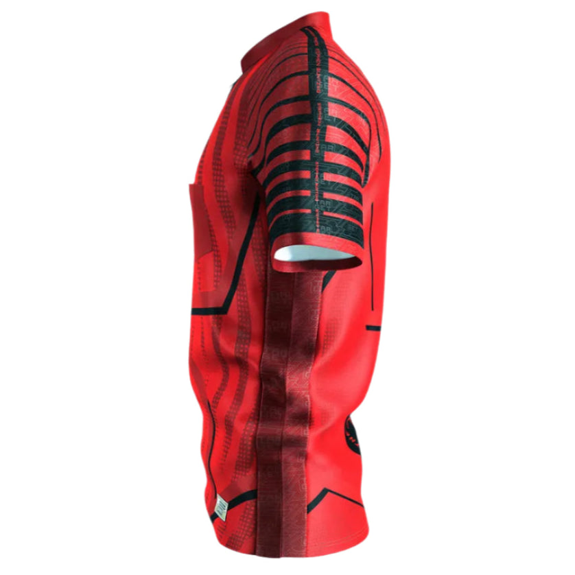 Side view darts shirt in red with black graphic lines, short sleeve, isolated on white, focusing on modern dart jersey design