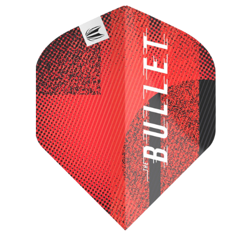 Red dart flight with bold 'BULLET' lettering, geometric pattern, No.2 shape, isolated on white background for darts setup