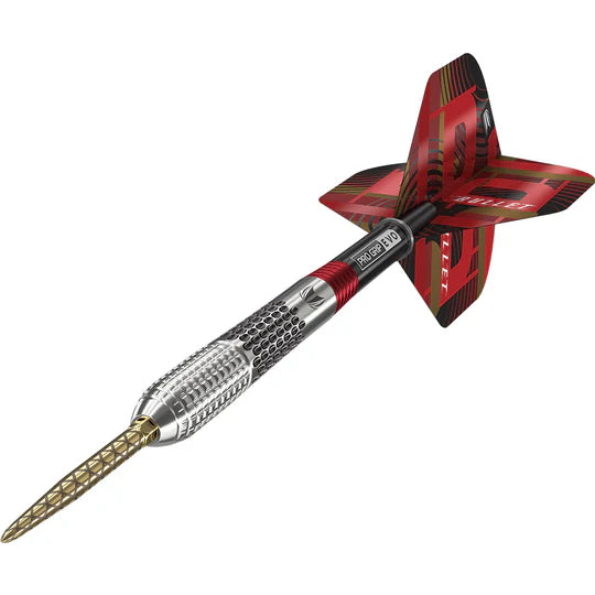 Angled full view of tungsten dart with textured barrel, gold tip, and red flights on white background