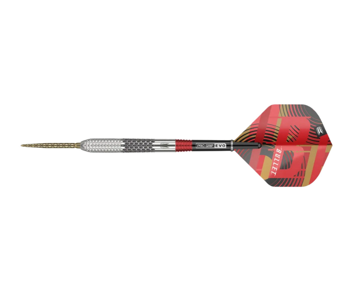 Full view tungsten dart with patterned grip barrel, etched steel tip, and red BULLLET flight on white background
