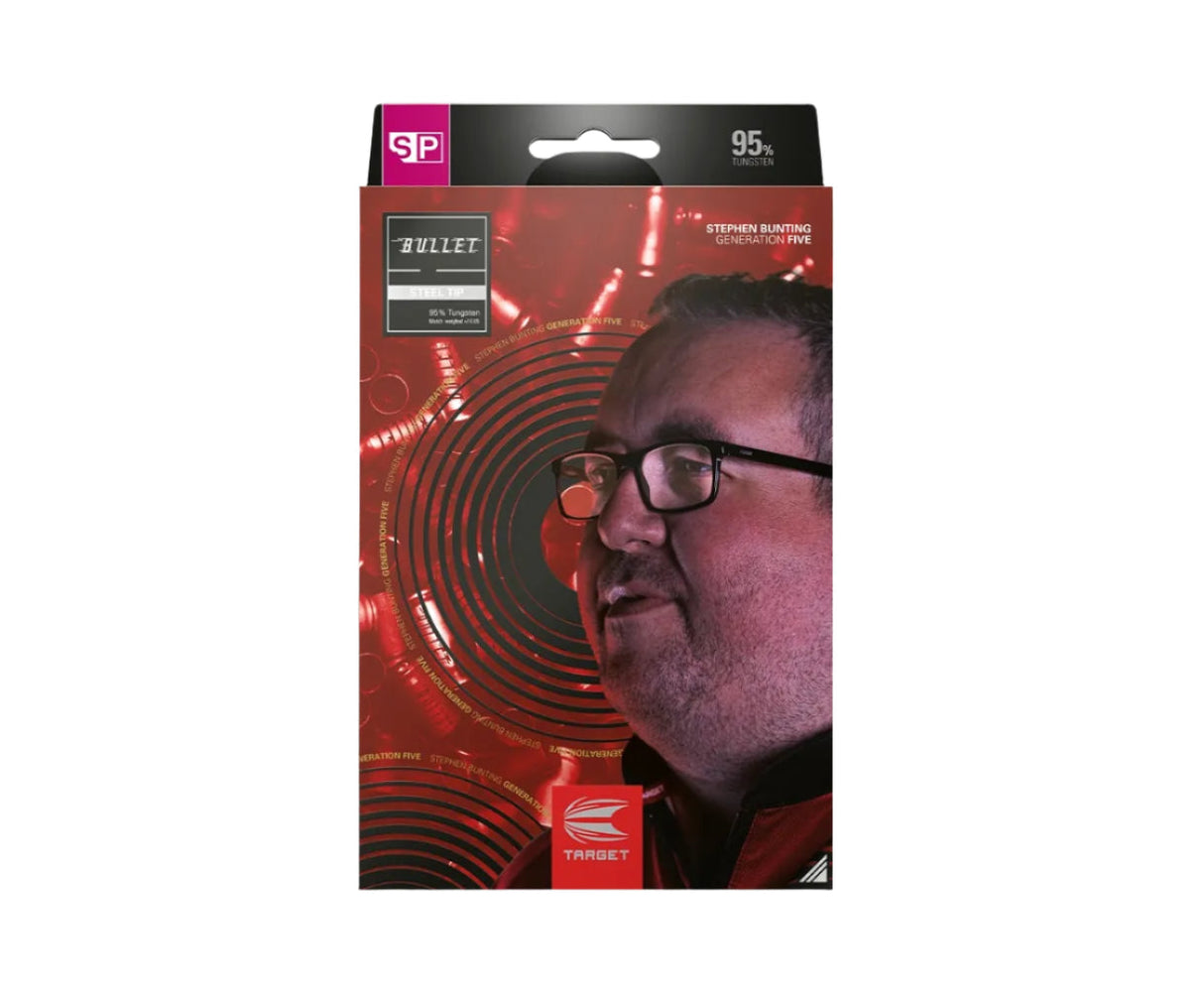 Retail packaging of Stephen Bunting G5 95% tungsten darts upright, showcasing bold design and player portrait, isolated on white background