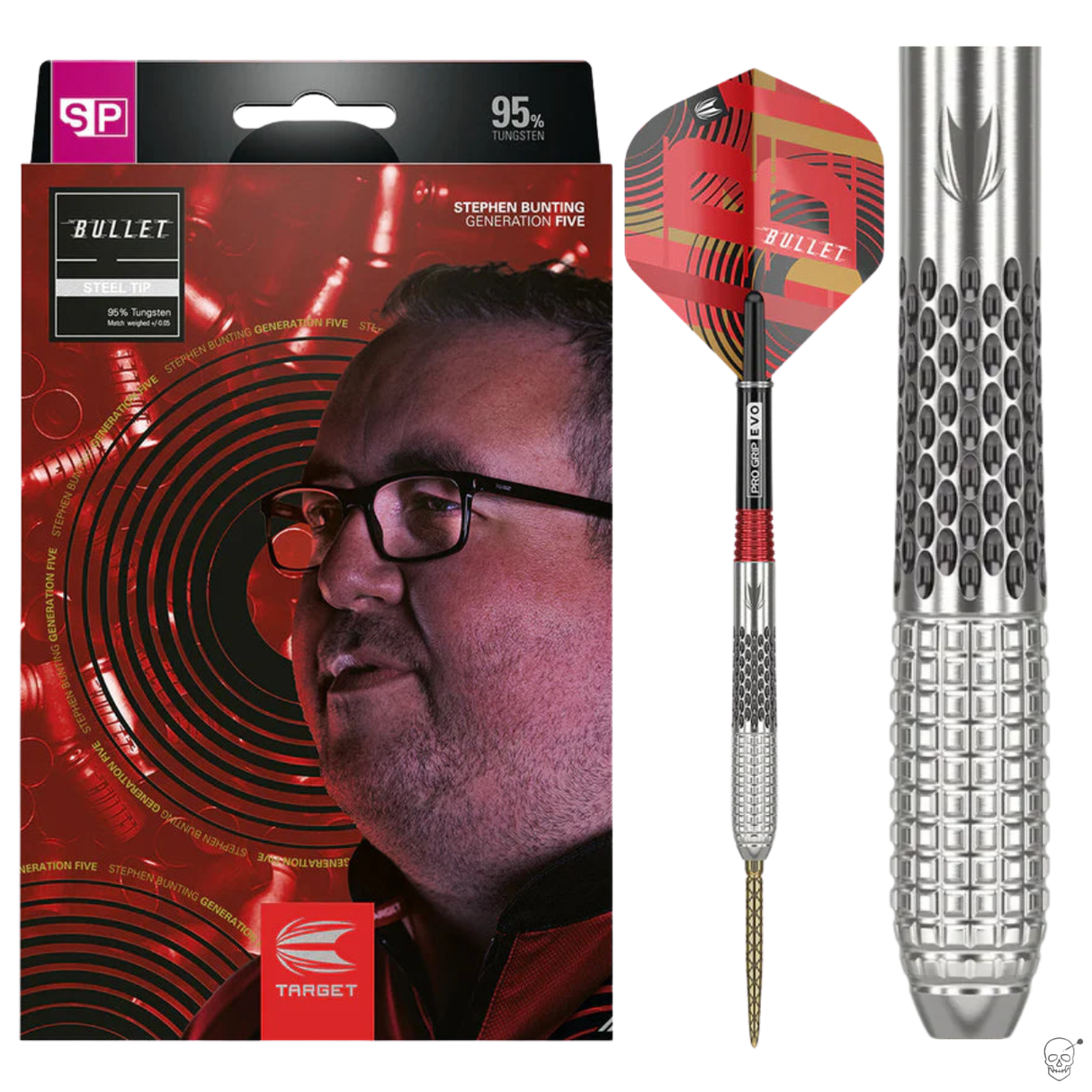 Steel tip tungsten dart with detailed grip close-up, full dart view, and retail packaging for Stephen Bunting G5