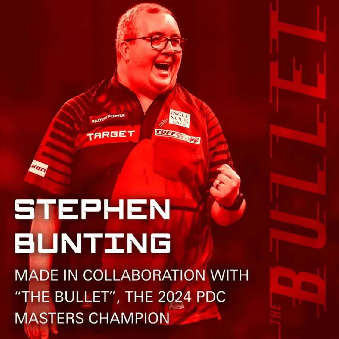 Stephen Bunting celebrating in red-tinted lifestyle shot, highlighting PDC Masters champion collaboration for Player Edition darts