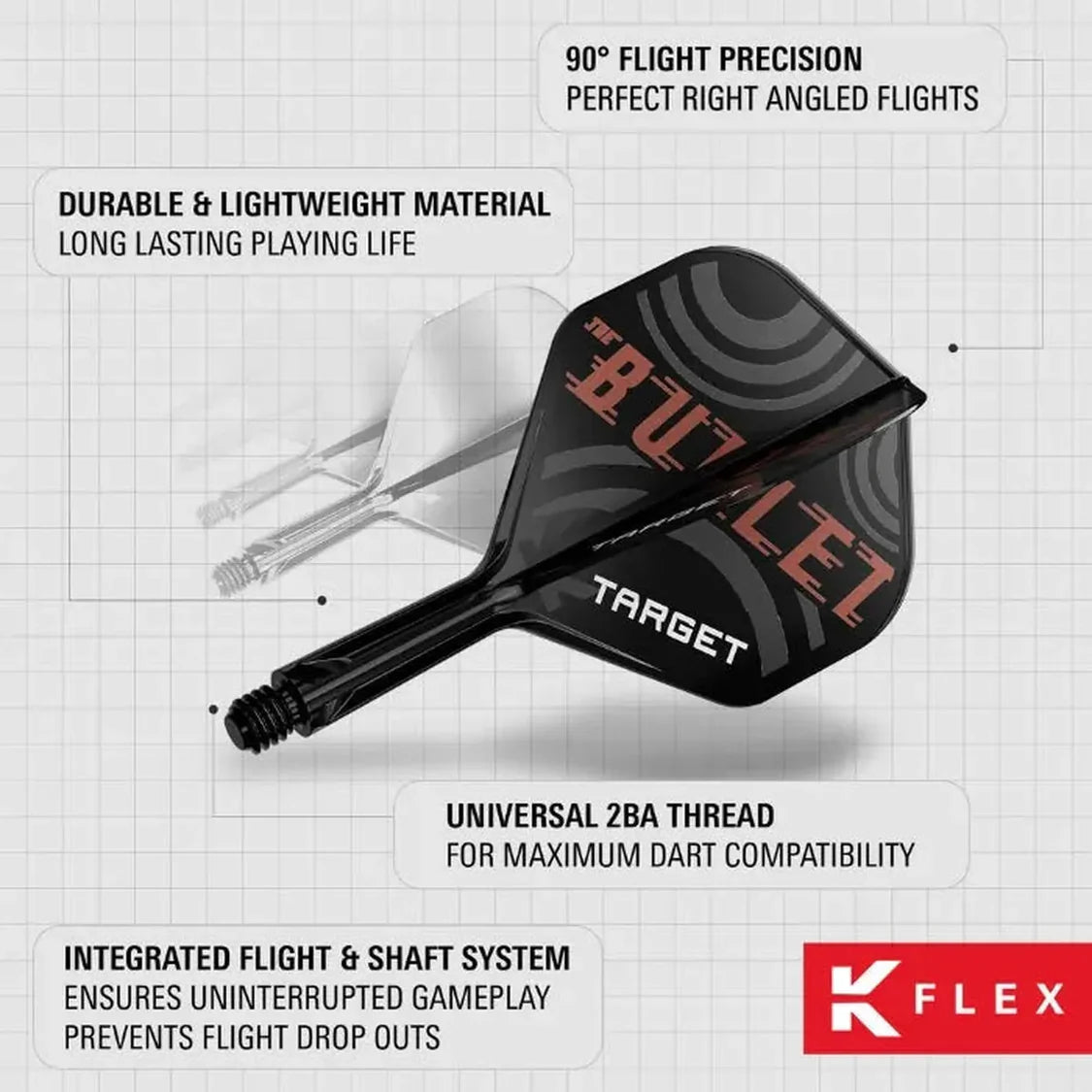 Angled close-up of Stephen Bunting K-Flex No.2 dart flight and shaft showing 2BA thread, 90° flight precision, and durable integrated design.
