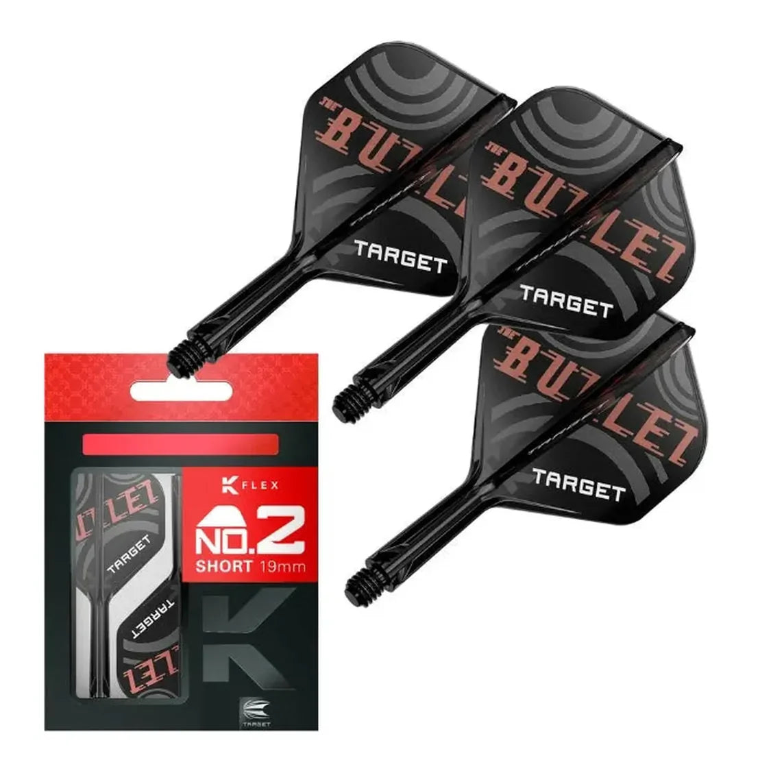 Three black Stephen Bunting K-Flex No.2 dart flights and shafts with 'The Bullet' logo, displayed above retail packaging, angled product shot