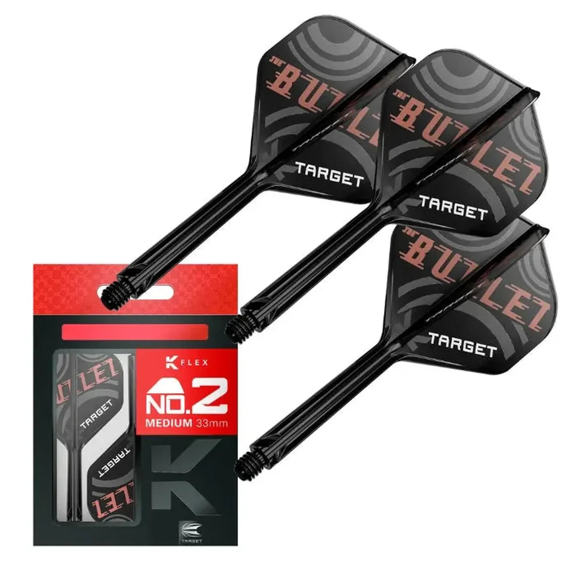 Angled view of three No.2 medium K-Flex dart flights with black shafts and 'BULLET' graphics, retail packaging included