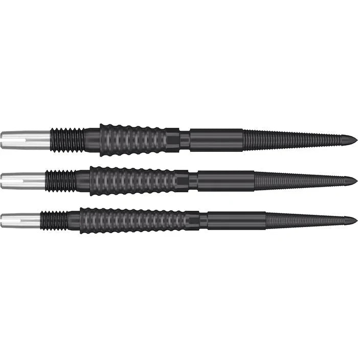 Three black Swiss dart points with textured grip and flush-fit design, arranged side by side on white background