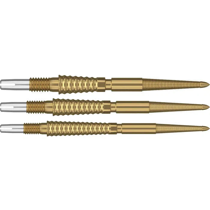 Three gold Swiss dart points with textured grip and flush-fit shafts, side by side on white background