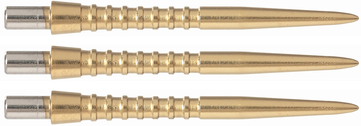 Three gold grooved dart points side view on white background, highlighting deep cut grip texture for darts