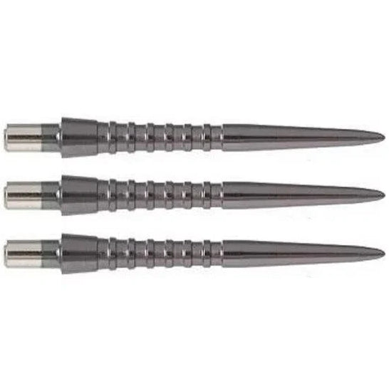 Three grooved steel dart points aligned side by side on white background, top-down view highlighting grip texture and machined detail