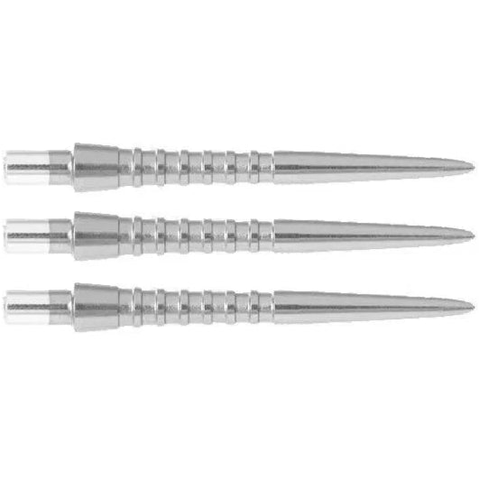 Three grooved steel dart points side by side, full view on white background, showing deep finger grip cuts for dart players