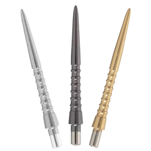 Three grooved dart points in silver, black, and gold finishes displayed side by side on white background, highlighting precision grip grooves