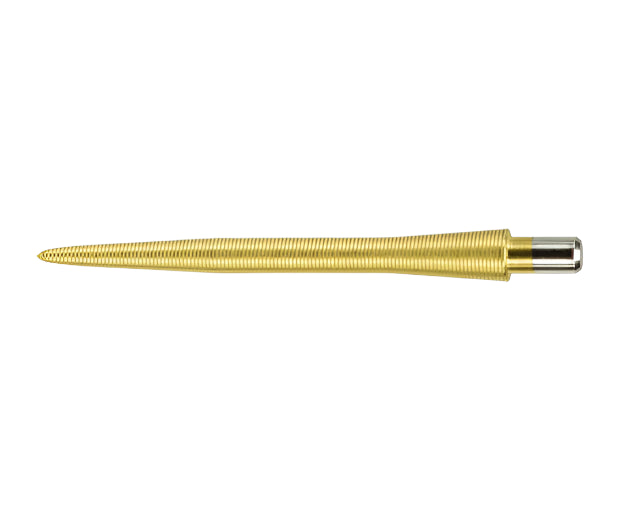 Gold storm dart point with nano grip texture, full side view isolated on white background, precision machined for secure dart grip