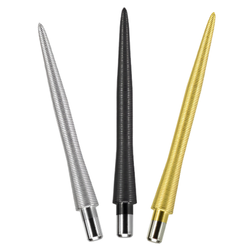 Three Storm Points Nano dart points with nano grip texture in silver, black, and gold, upright on white background
