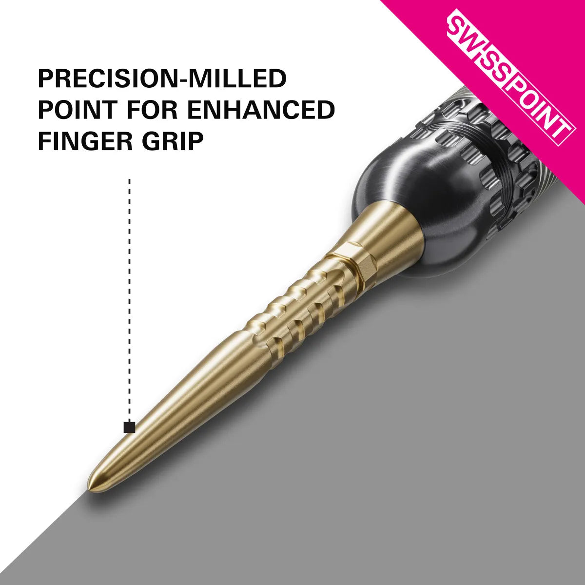 Close-up angled view of precision-milled Swiss Point dart tip showing enhanced grip texture for improved finger control