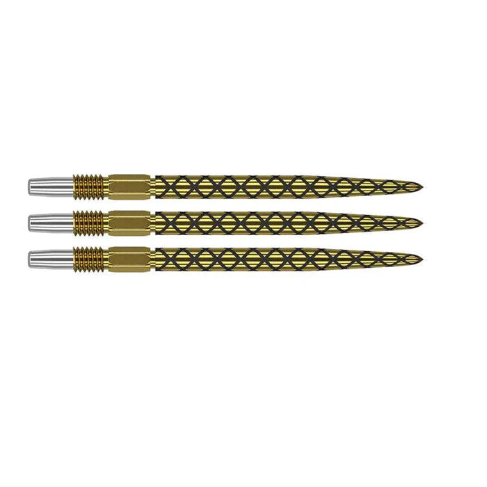 Three Swiss Diamond Pro dart points side by side, full-length view, isolated white background, showing laser-etched grip barrels