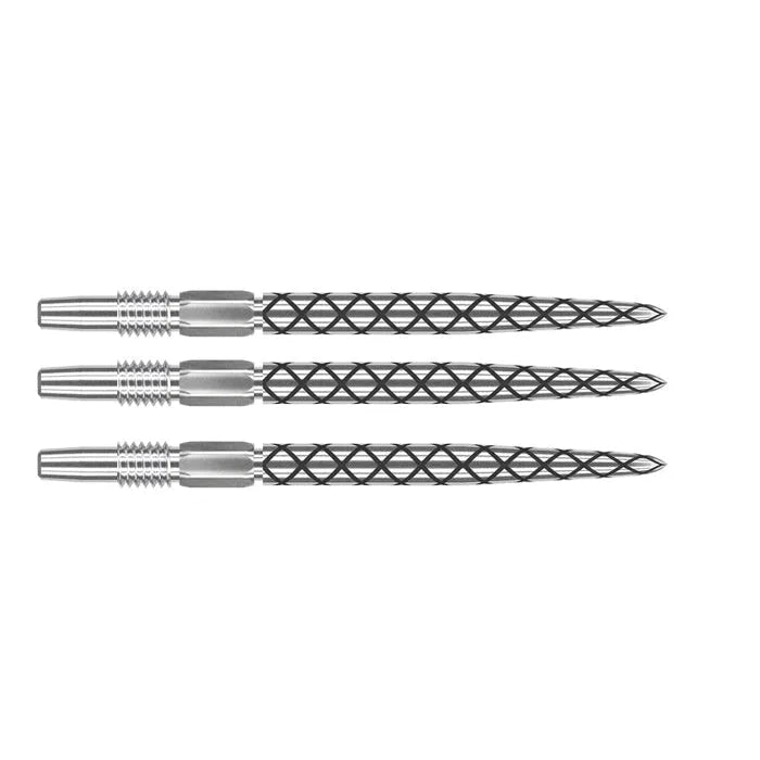 Three Swiss Diamond Pro dart points aligned on white background, highlighting laser-etched grip texture and precise point details