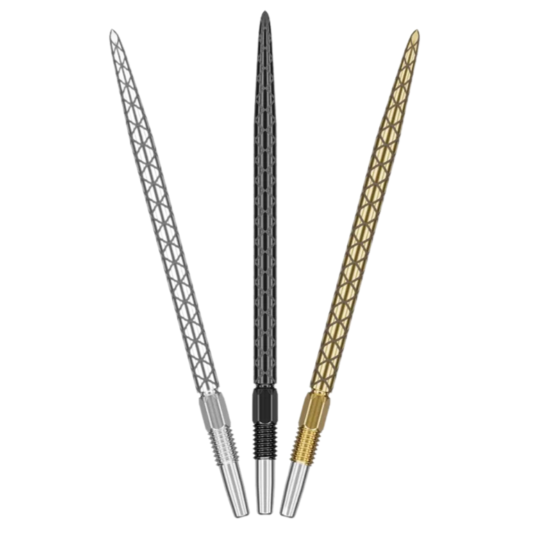 Three Swiss Diamond Pro dart points in silver, black, and gold with laser-etched diamond grip texture, isolated on white background