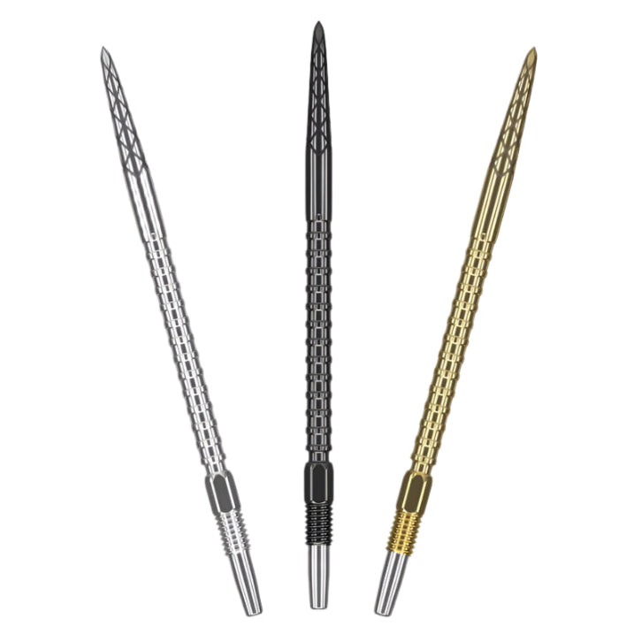 Three Swiss DS dart points in silver, black, and gold with diamond grip tips and textured barrels, isolated on white background