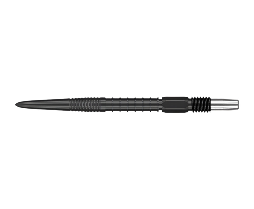 Swiss Fire dart point full view isolated on white, showing precision milled grip and secure threaded base for dart barrel