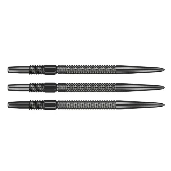 Three Swiss GRD dart points aligned side by side on white, showcasing knurled grip and streamlined steel tip design