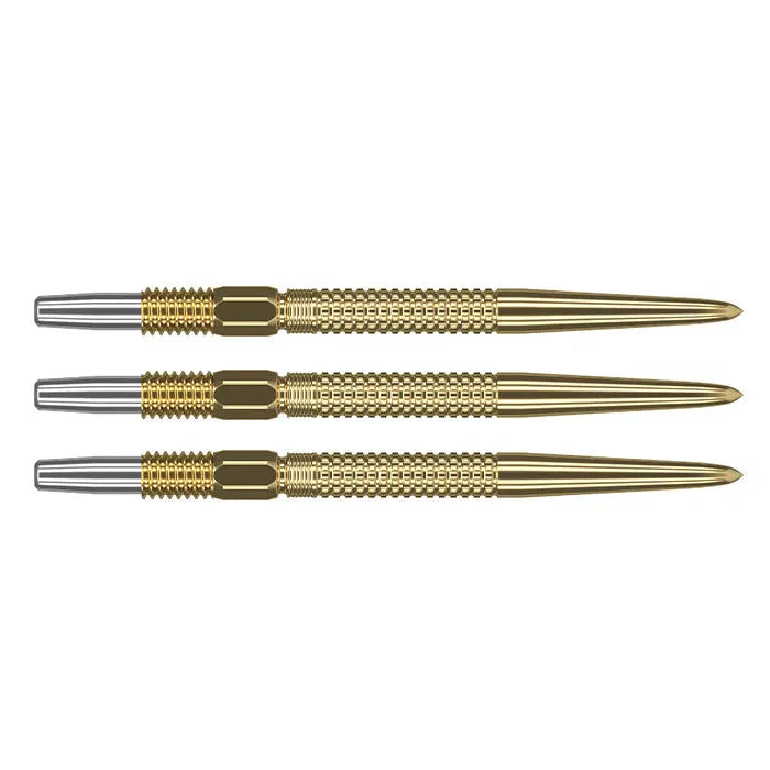 Three gold Swiss GRD dart points aligned side by side on white, showing detailed grip texture and precision tips for dartboard accuracy