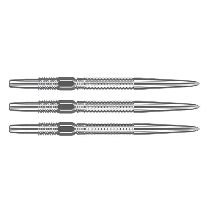 Three Swiss GRD dart points laid flat on white background, showcasing precision grooves and grip design for dartboard accuracy