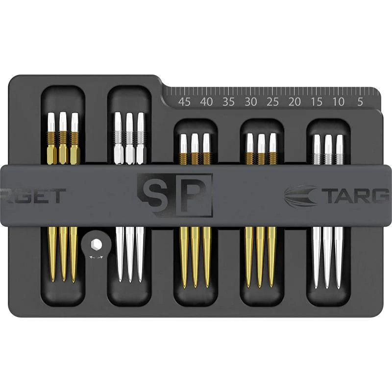 Top-down view of Swiss Point Safe Box with organized gold and silver dart points, measuring scale, and foam slots for secure dart point storage