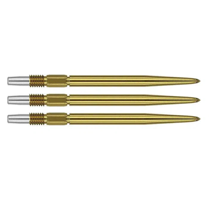 Three gold Swiss dart points with silver threaded bases displayed side by side on white, showing interchangeable point design