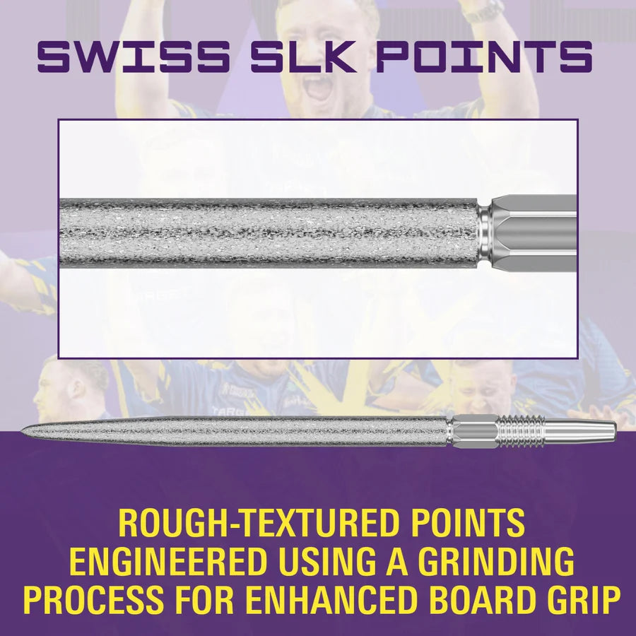 Macro close-up of a single Swiss SLK dart point showing grinding-enhanced rough texture for improved grip and dartboard holding