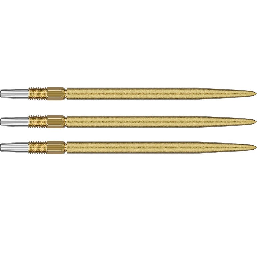 Three gold Swiss SLK dart points with precision tips and textured grip, full horizontal view on white background