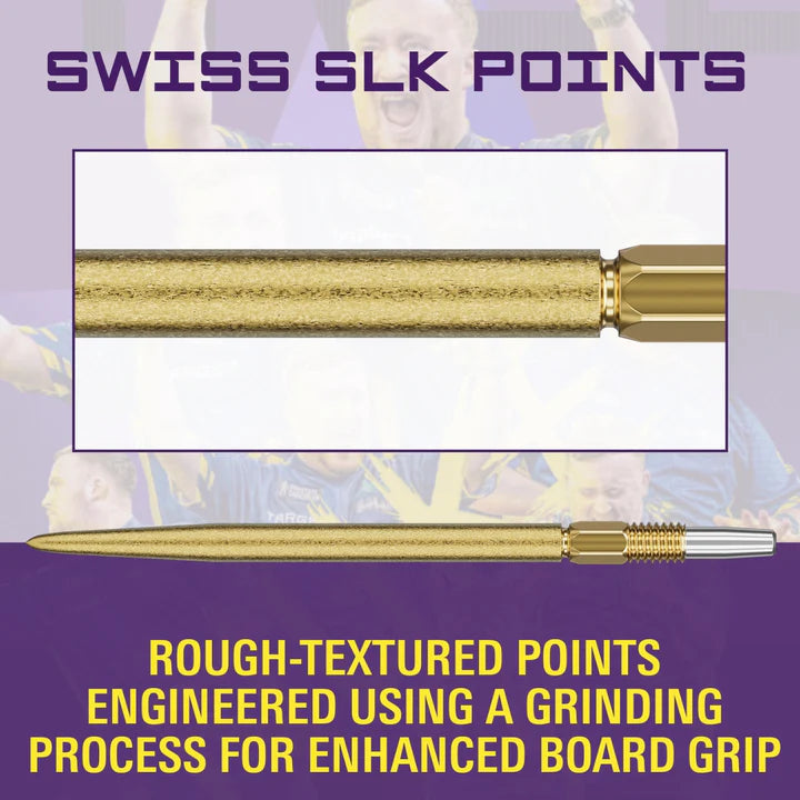 Close-up and full view of rough-textured Swiss SLK dart point, gold finish, isolated on white background, shows enhanced board grip feature