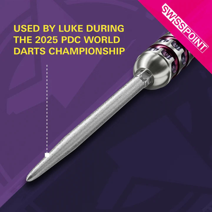 Angled close-up of Swiss SLK dart point attached to barrel, showing textured tip and precision engineering for professional darts
