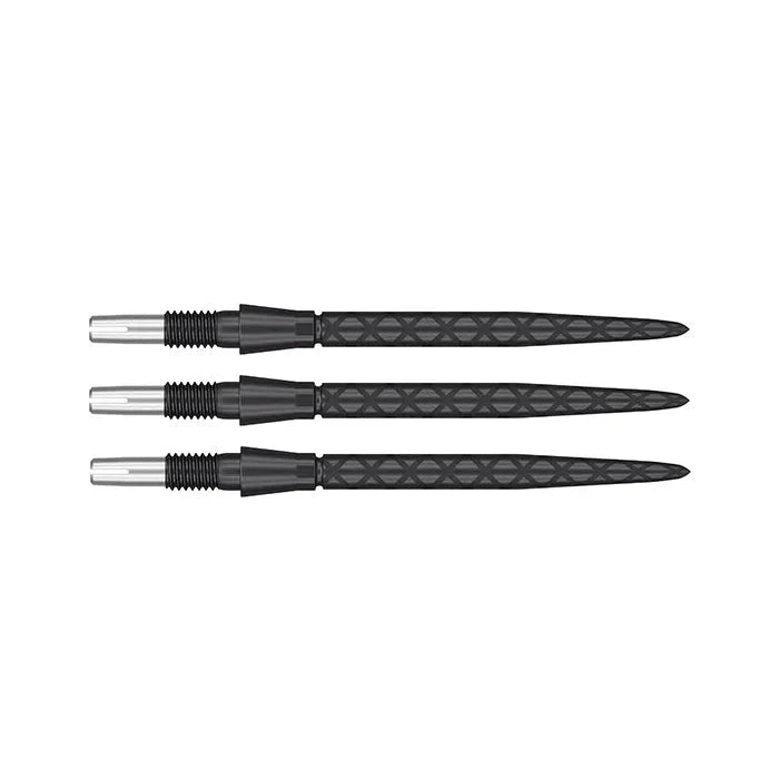 Three black Swiss Storm Diamond dart points aligned horizontally, top-down view, diamond grip texture, isolated on white background