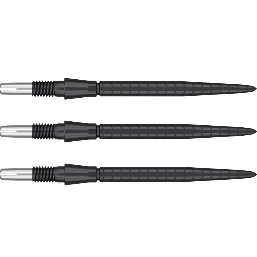 Three Swiss Storm Quartz dart points side view on white background showing grip texture and precision threading