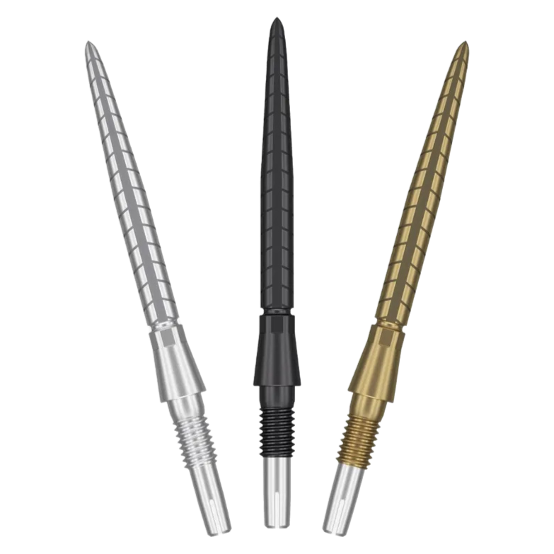 Three Swiss Storm Quartz dart points in silver, black, and gold, full view on white background showcasing grip pattern and color options