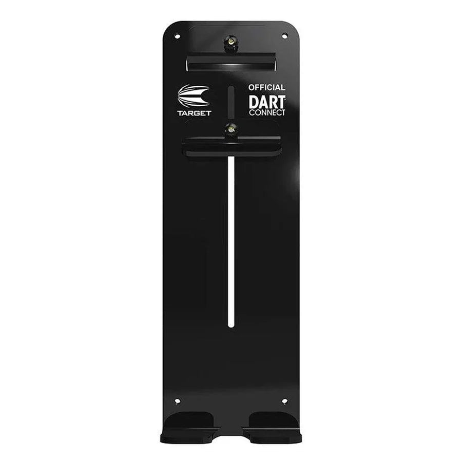 Full view dart tablet holder upright on white background, black polycarbonate with Dart Connect logo, mounting slots for scoring setup