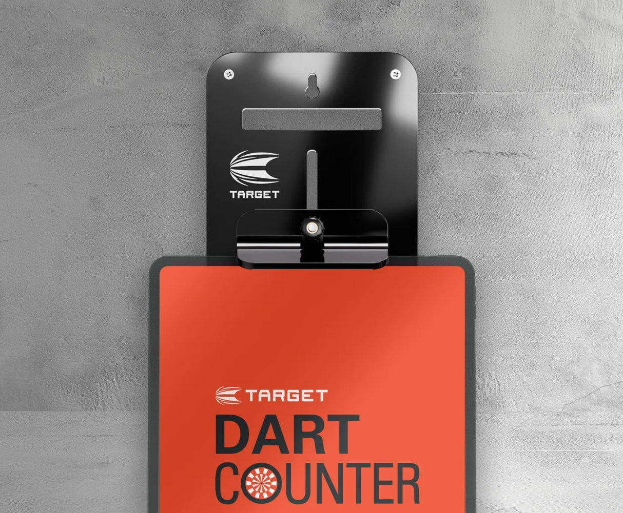 Close-up of dart tablet holder bracket on wall securely gripping scoring tablet, ideal for dart scoreboard display