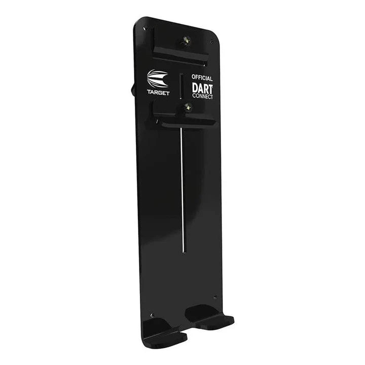 Dart scoring tablet holder angled view, black polycarbonate, mounting slots visible, isolated on white background for dart setups