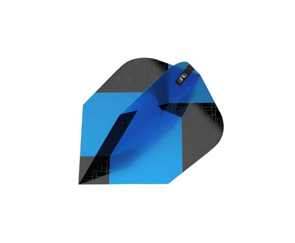 Close-up angled view of blue and black dart flight with geometric pattern, isolated on white for dart accessories
