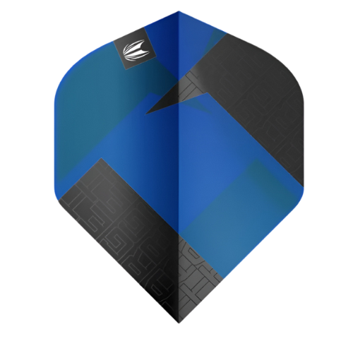 Blue No.2 dart flight with geometric black accents and angular pattern, isolated on white background, standard dart accessory.